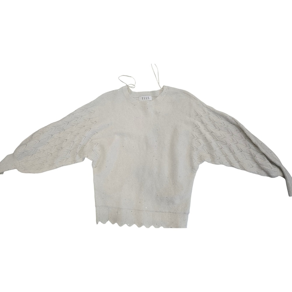 ELLE Womens Cream Sequin Pointelle Sleeve Scalloped Hem Knit Sweater XS